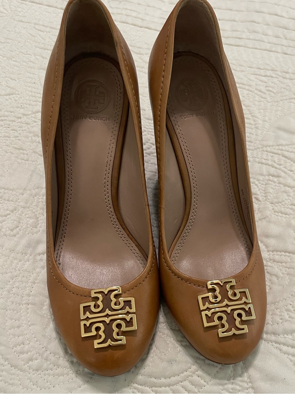 Tory Burch Cognac Leather Logo Pump Flats